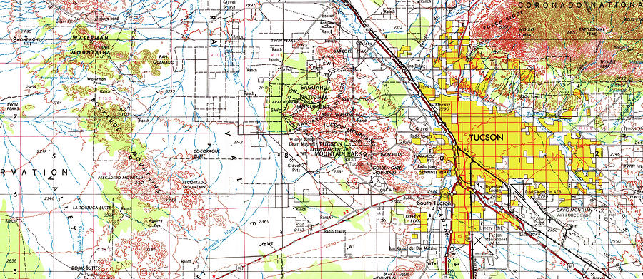 Tucson Map Digital Art - Tucson old map, yellow vintage us landscape map by Drawspots Illustrations