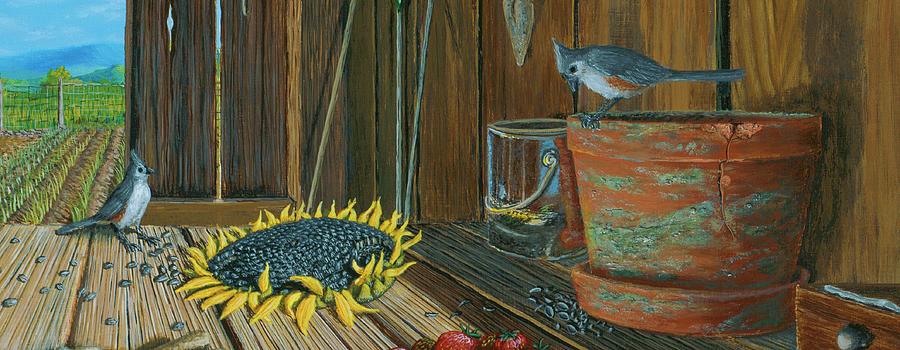 Bird Painting - Tufted Titmouse with sunflower by Susan Schneider