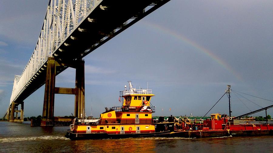 Tug Towards And Under A Rainbow On The Mississippi River In New Orleans Photograph
