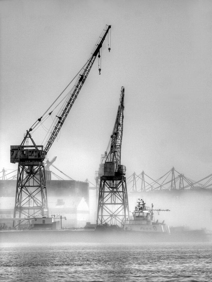 Crane Photograph - Tug with Cranes by Joe Schofield