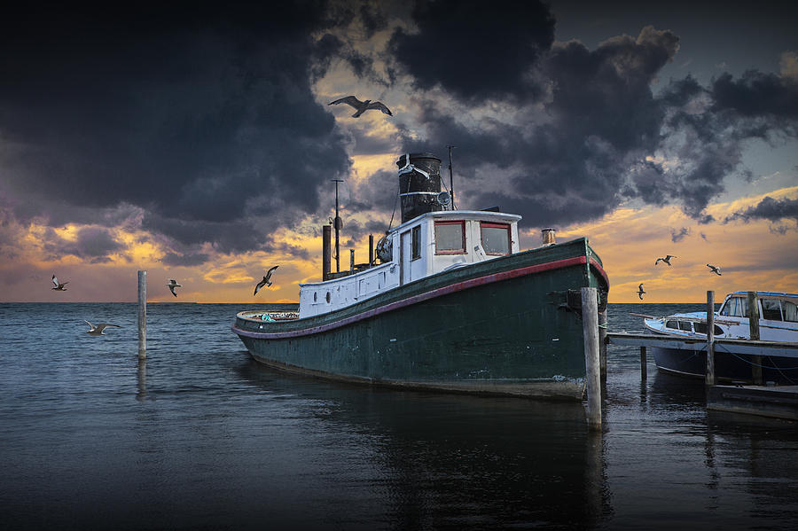 Tugboat in the Harbor with Flying Gulls Photograph by Randall Nyhof