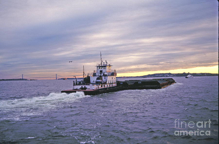 Tugboat Pushing Barges Sunset NY Harbor Photograph by Tom Wurl