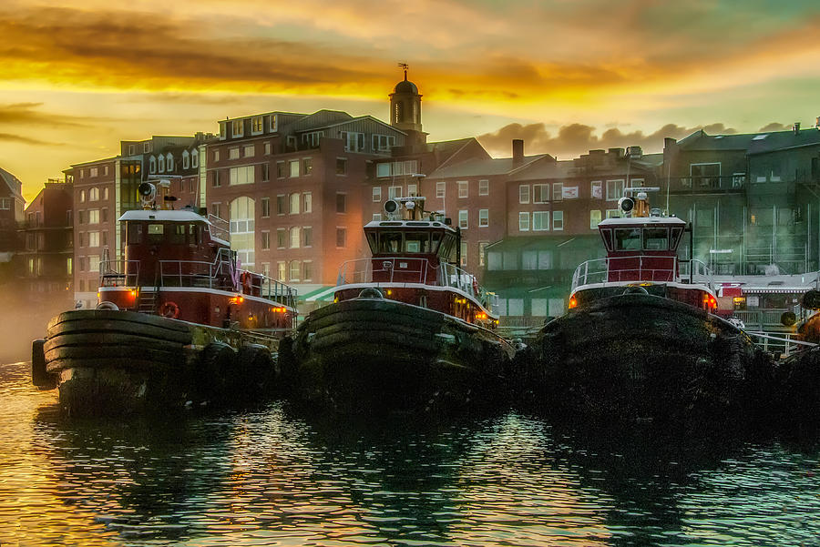 Tugboats in Portsmouth Harbor at Dawn Photograph by Thomas Lavoie