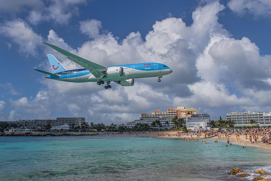 Sunset Photograph - TUI Airlines Netherland 787 landing at SXM airport by David Gleeson