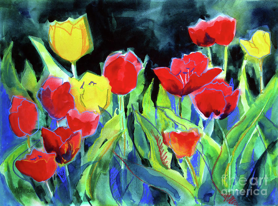 Tulip Bed at Dark Painting by Kathy Braud