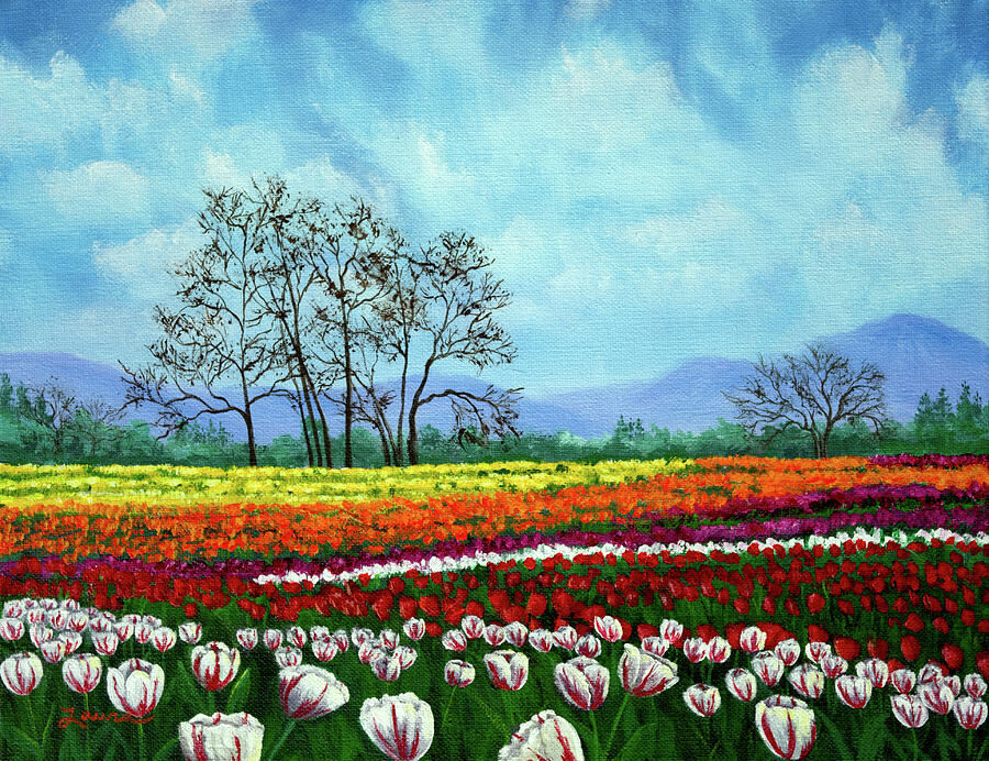Tulip Fields Under White Fluffy Clouds Painting by Laura Iverson Tulip Fields Under White Fluffy Clouds Painting by Laura Iverson