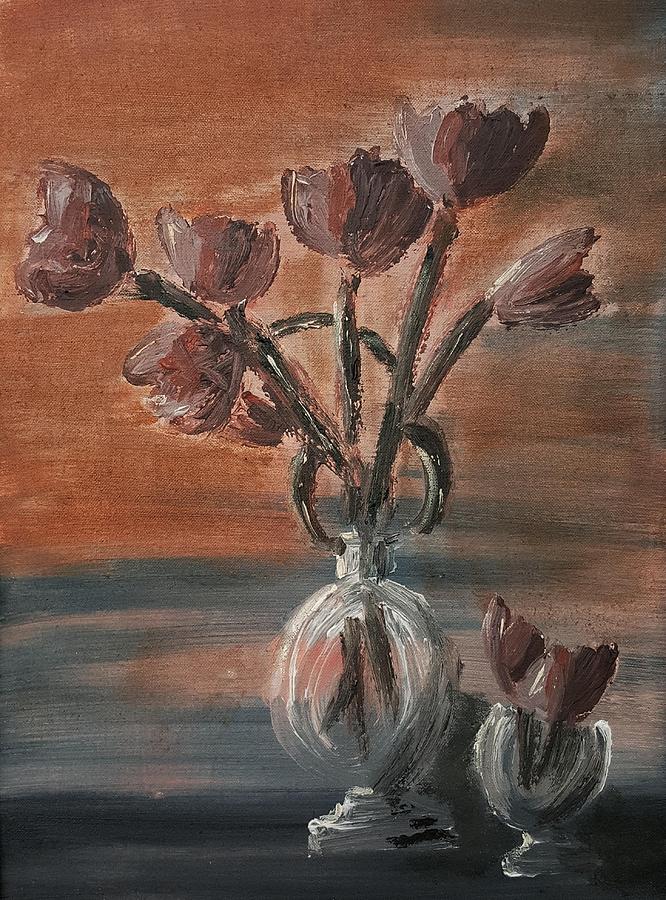 Tulip flowers bouquet in two round water filled small globe shaped vases on a table still life of bo Painting by MendyZ