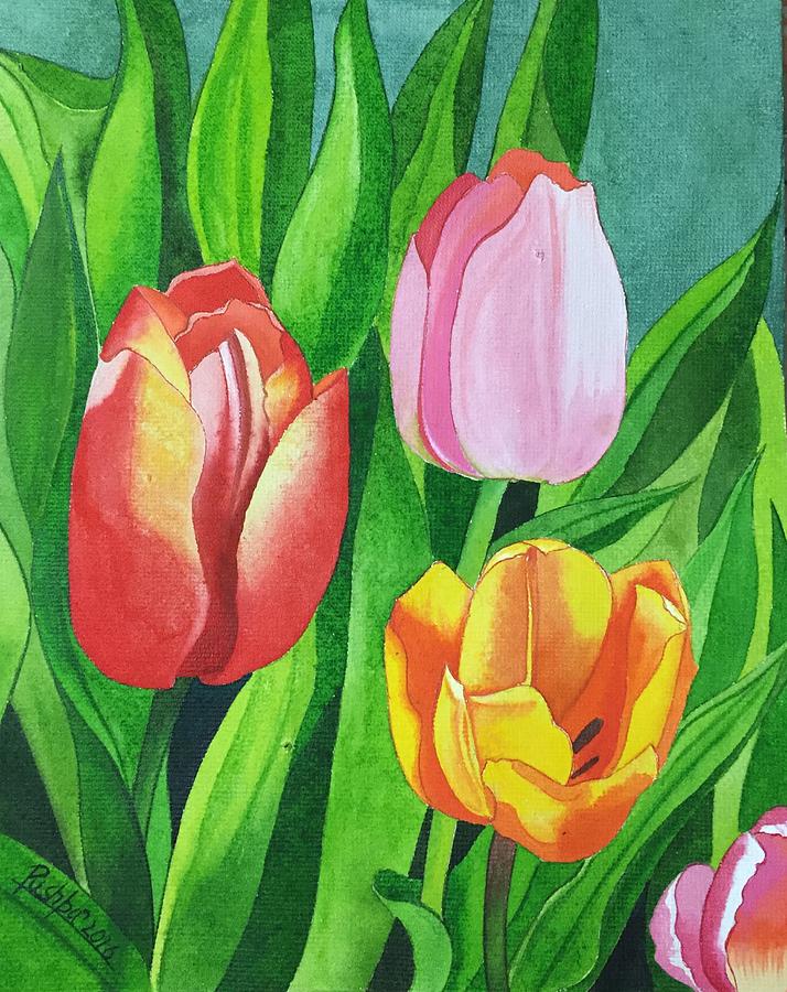 Nature Painting - Tulip Trio by Pushpa Sharma
