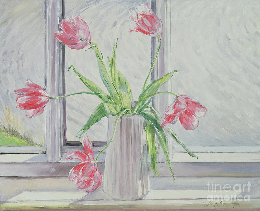 Tulip Painting - Tulips Against Moving Water by Timothy Easton