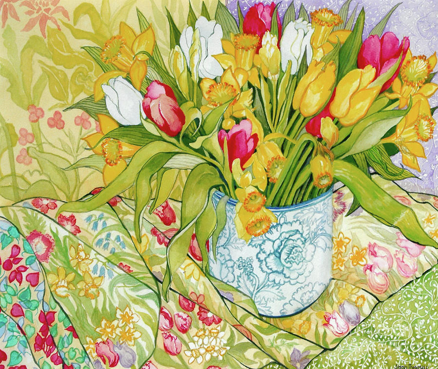 Tulips and Daffodils with Patterned Textiles Painting by Joan Thewsey