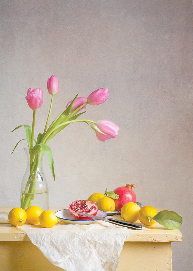 Still Life Photograph - Tulips and Fruit by Colleen Farrell