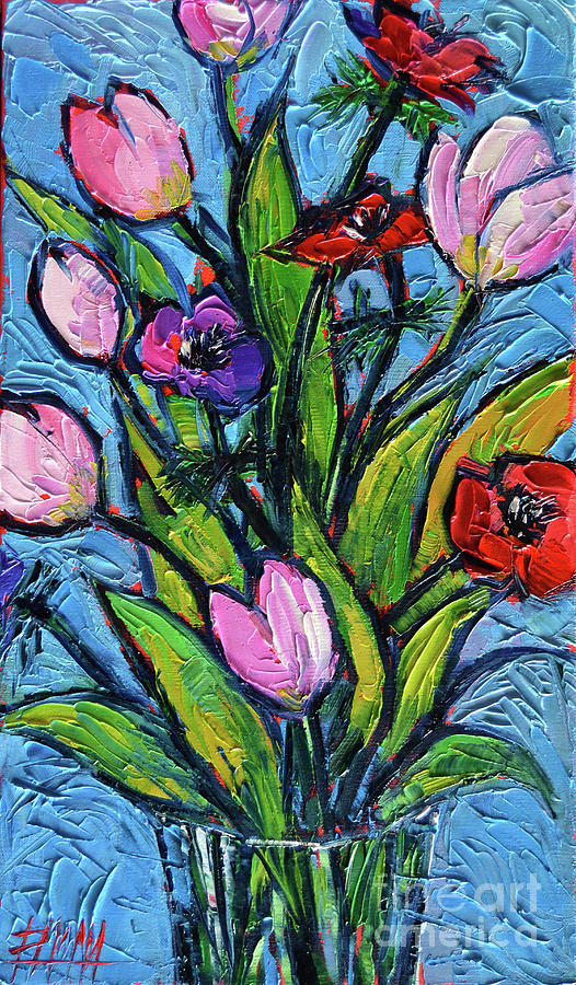 TULIPS AND POPPIES - impasto palette knife oil painting Painting by Mona Edulesco