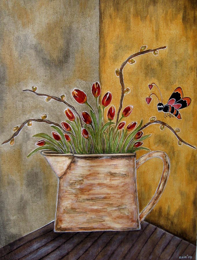 Tulips and The Lovely Bee Painting by Rain Ririn