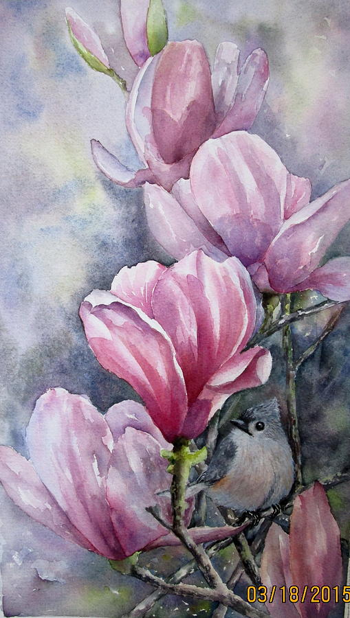 Tulips and Titmouse Painting by Mary McCullah
