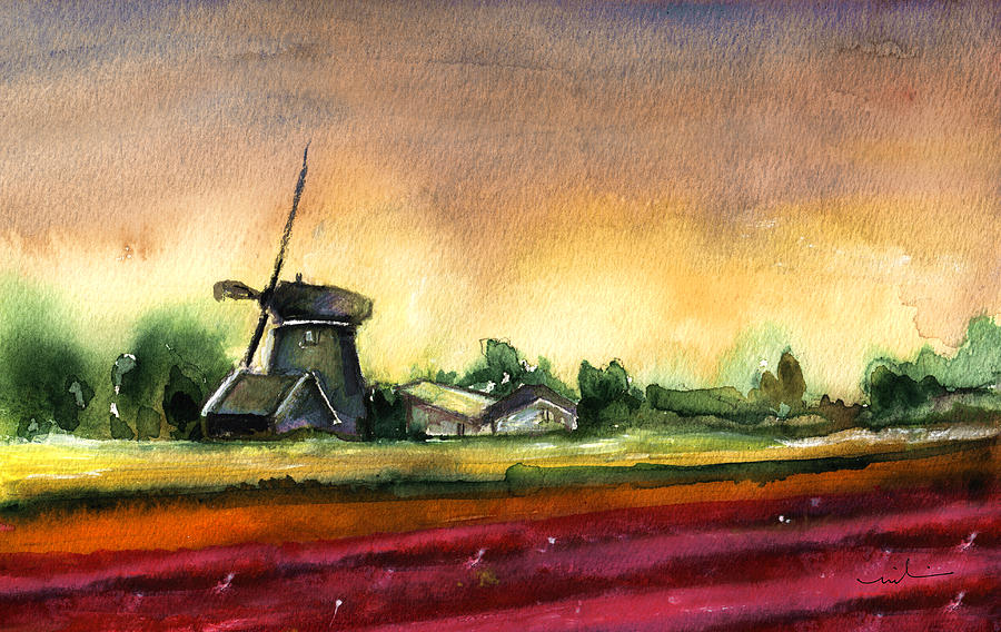 Tulips And Windmill From The Netherlands Painting by Miki De Goodaboom