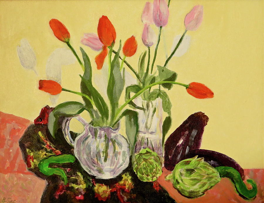 Flower Painting - Tulips Artichokes and Eggplant by Bonnie See
