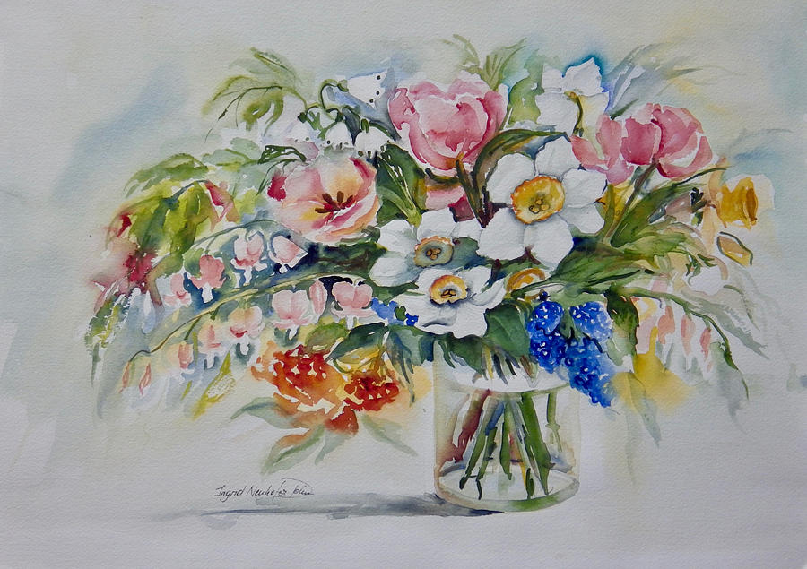 Tulips Daffodils and Bleeding Hearts Painting by Ingrid Dohm