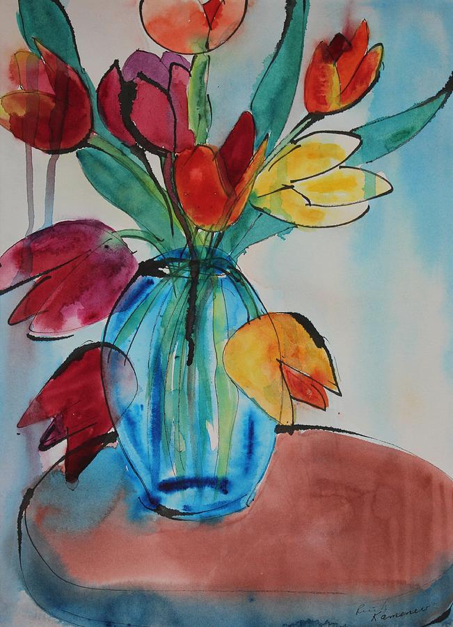 Tulips in a Blue Glass Vase Painting by Ruth Kamenev
