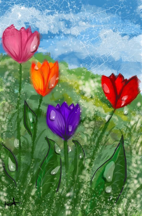 Tulips in a field.  Painting by Kathleen Hromada