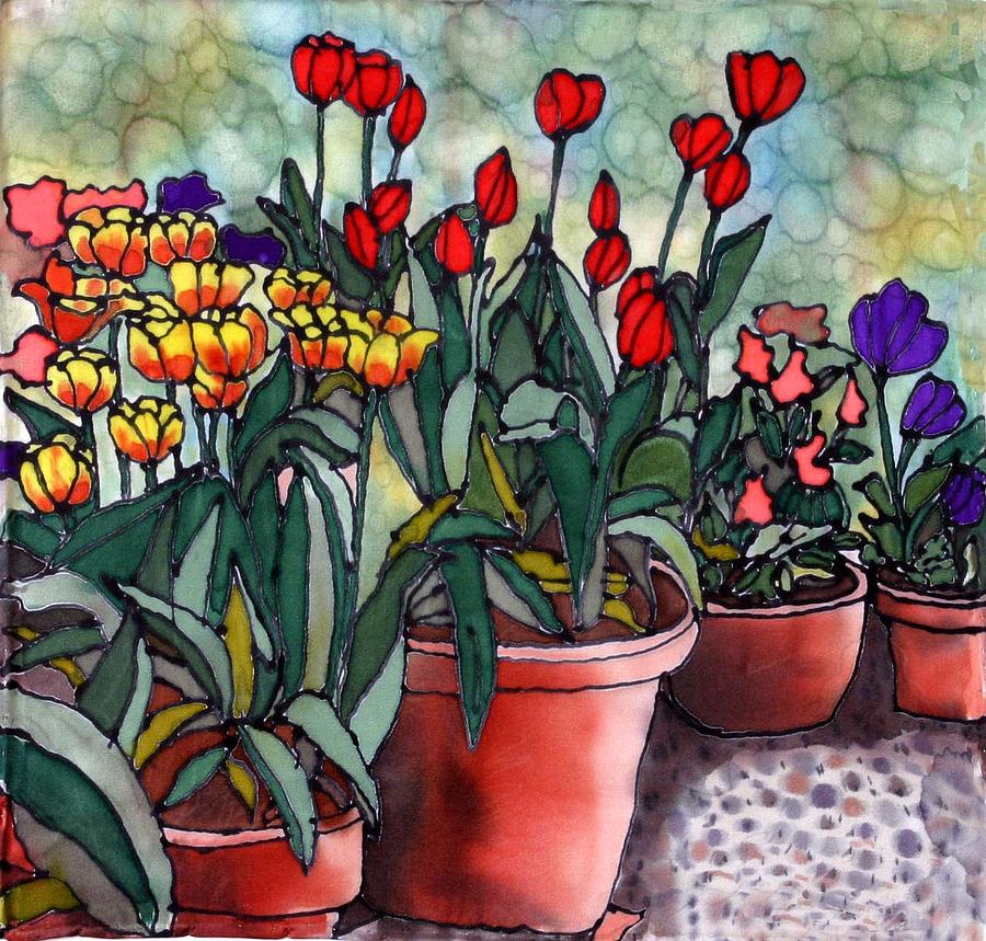 Silk Painting - Tulips in Clay Pots by Linda Marcille Silk Painting - Tulips in Clay Pots by Linda Marcille