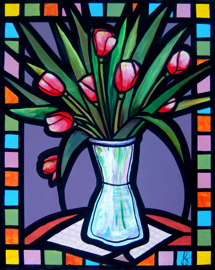 Tulips in Glass Vase Painting by Jim Harris