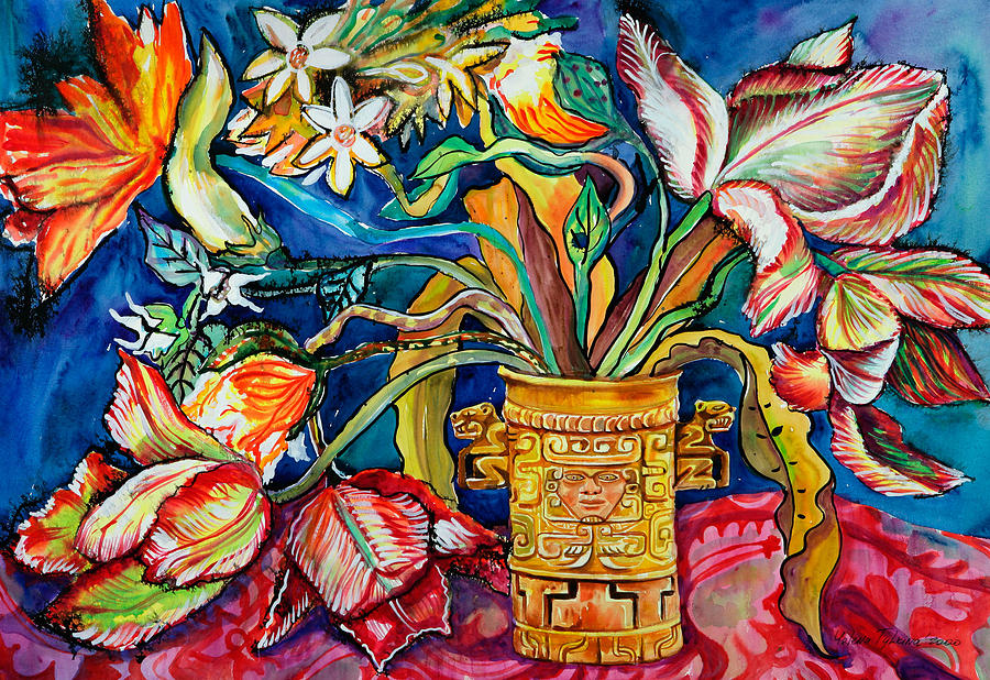 Tulips in Mexican Vase Painting by Yelena Tylkina