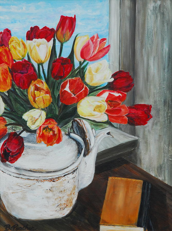 Tulips in the teapot Painting by Bonnie Peacher