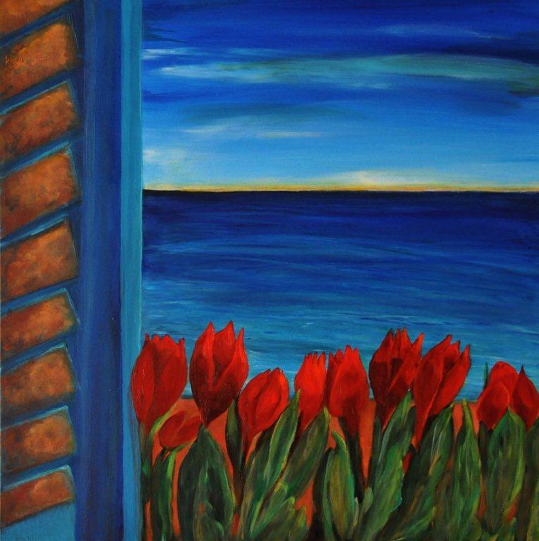 Flower Painting - Tulips in the window by Aviva Moshkovich
