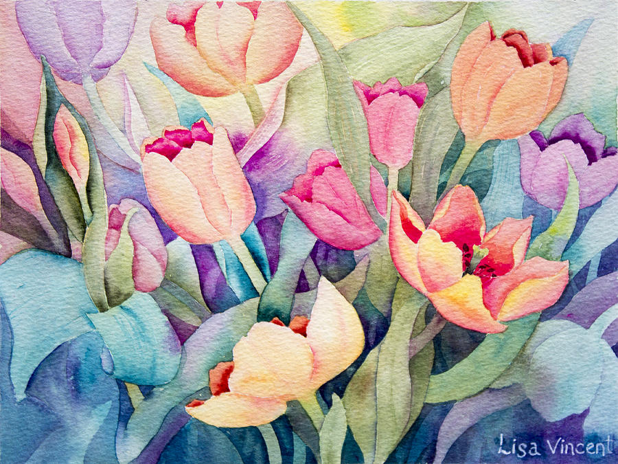 Tulips In Turquoise Painting by Lisa Vincent