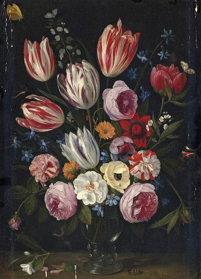 Tulips Roses Peonies and other Flowers in a Roemer Painting by Jan van Kessel the Elder