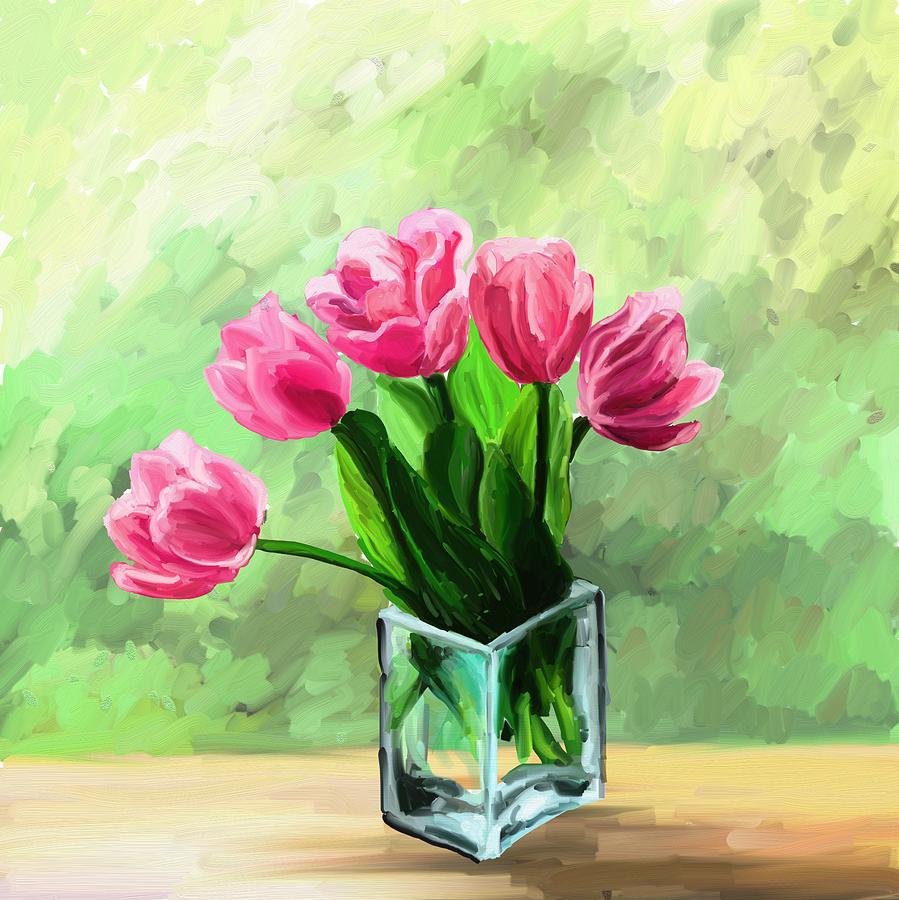 Рисунок ваза с тюльпанами на зеленом фоне