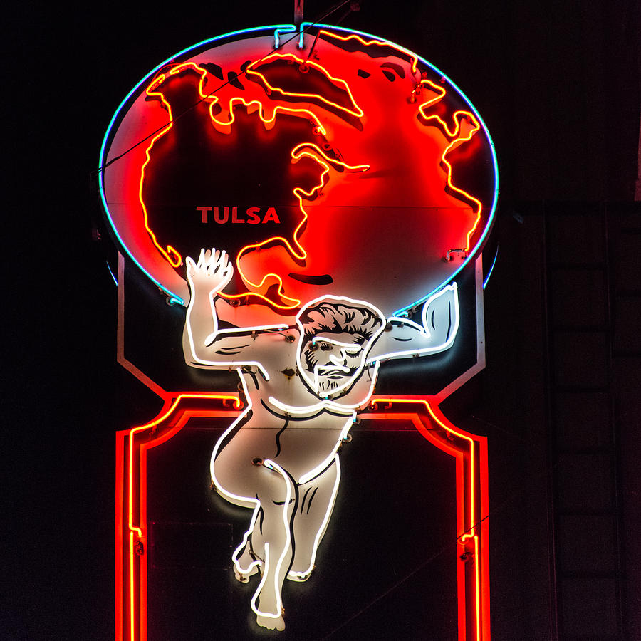 Tulsa Atlas Building Neon Sign Square Photograph by Bert Peake