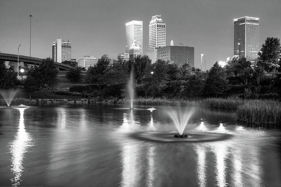 Tulsa Skyline Photograph - Tulsa Downtown Skyline Water Reflections - Black and White by Gregory Ballos