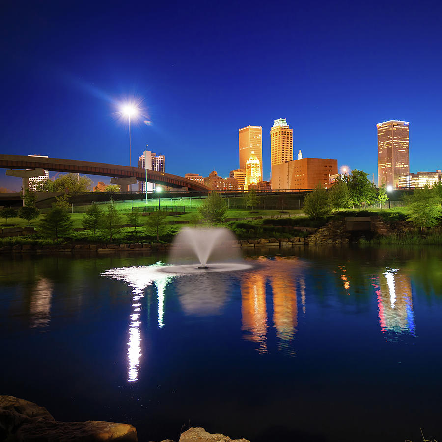 Tulsa Oklahoma City Skyline in Midnight Blue Photograph by Gregory Ballos