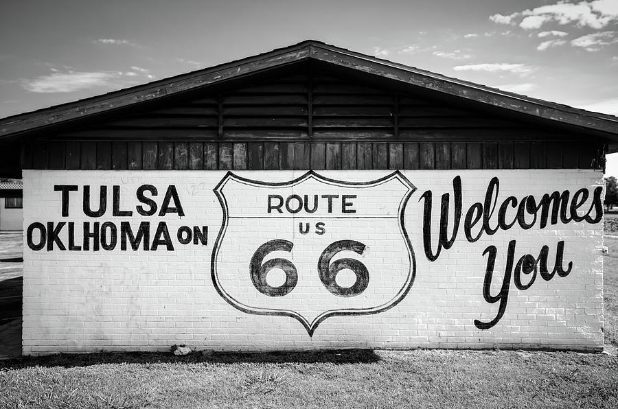 Tulsa Photograph - Tulsa Oklahoma on US Route 66 Welcomes You - Black and White by Gregory Ballos