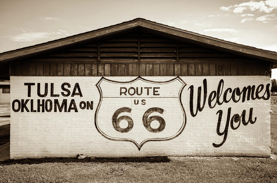 Tulsa Photograph - Tulsa Oklahoma on US Route 66 Welcomes You - Sepia by Gregory Ballos