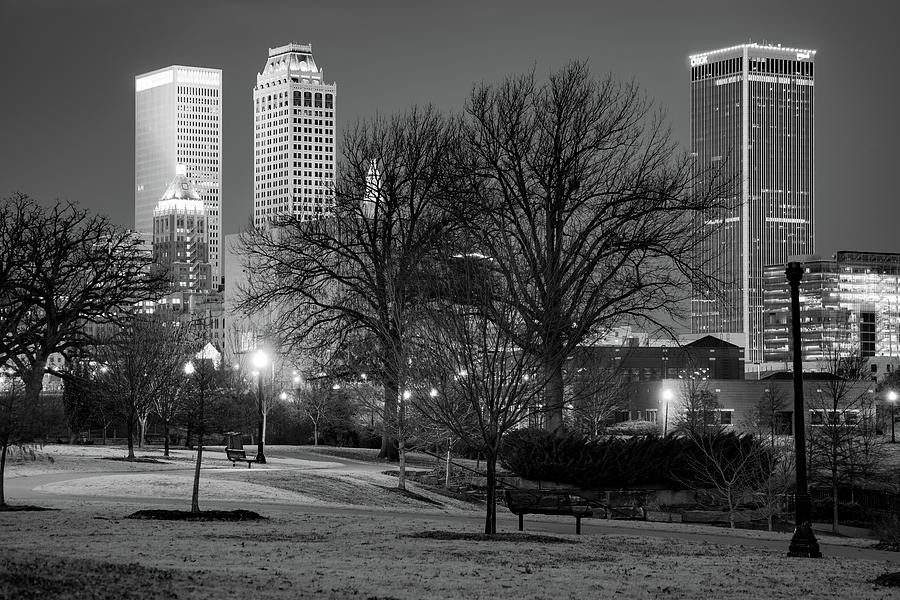 Tulsa Oklahoma Skyline and Centennial Park Night Landscape - Black and ...