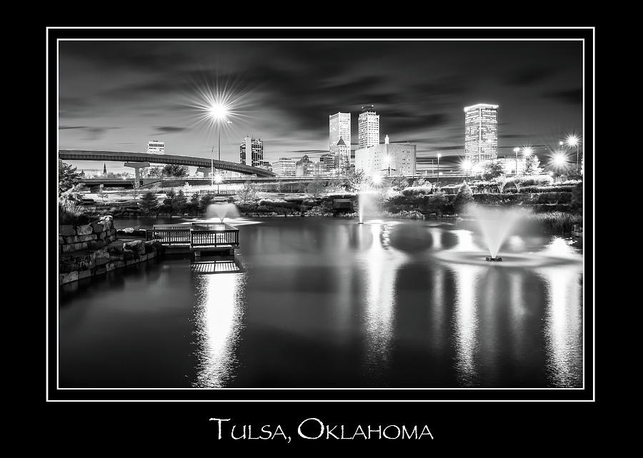 Tulsa Oklahoma Skyline City Name Print - Black and White Photograph by Gregory Ballos