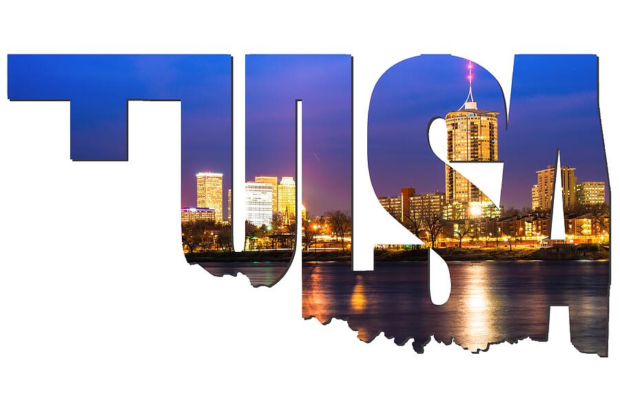 Tulsa Oklahoma Typographic Letters - Riverside View Of Tulsa Oklahoma Skyline Photograph by Gregory Ballos