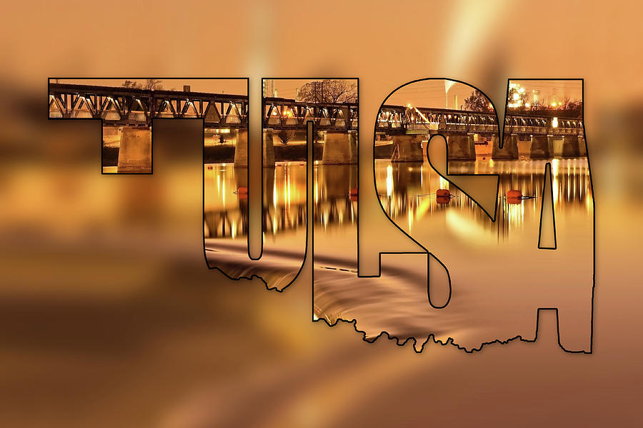 Tulsa Photograph - Tulsa Oklahoma Typography Blur - State Shape Series - Liquid Gold - 21st Street Bridge by Gregory Ballos