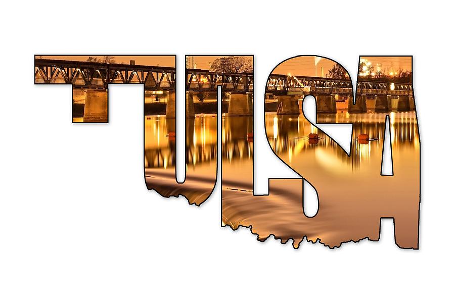 Tulsa Photograph - Tulsa Oklahoma Typography - State Shape Series - Liquid Gold - The 21st Street Bridge  by Gregory Ballos