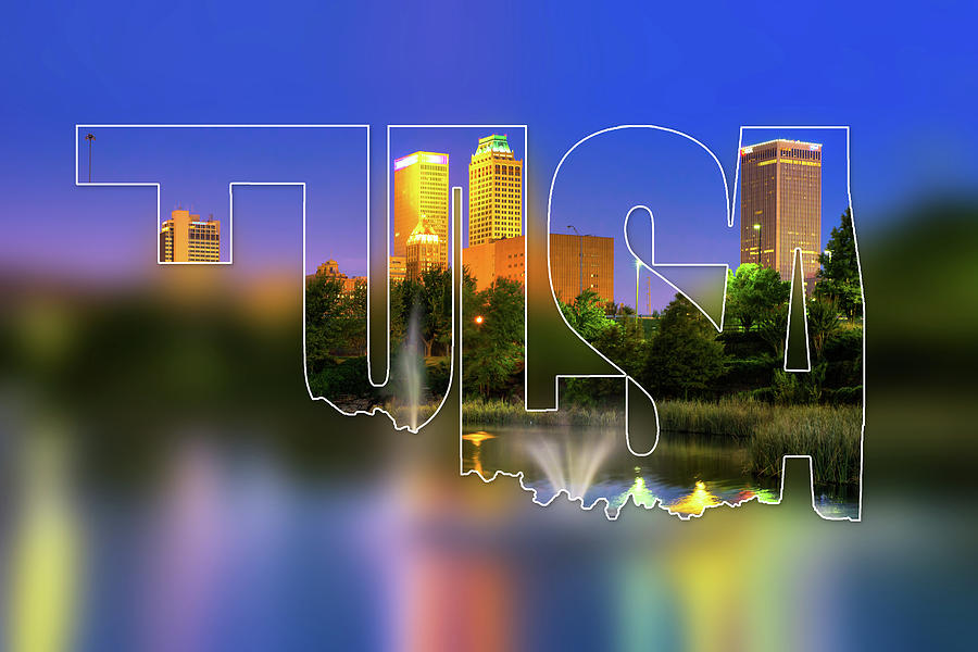 Tulsa Photograph - Tulsa Oklahoma Typography Blur - State Shape Series - Purple In The Sky - Downtown Skyline Of Tulsa by Gregory Ballos