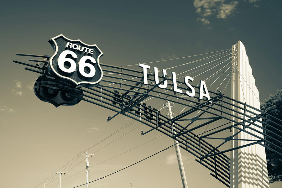 Tulsa Photograph - Tulsa Oklahoma Vintage Route 66 Sign - Dark Sepia by Gregory Ballos