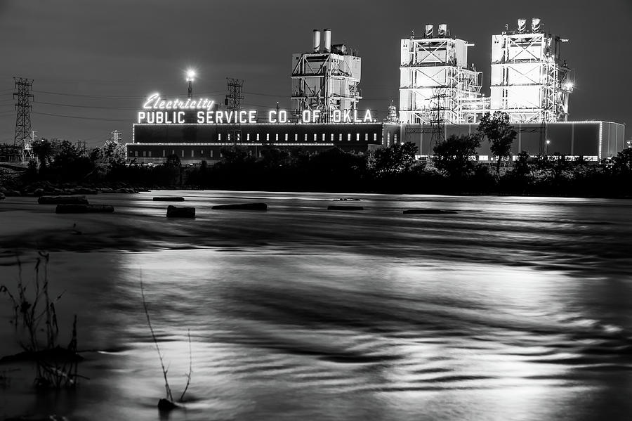 Black And White Photograph - Tulsa PSO Plant on The River - Black and White by Gregory Ballos