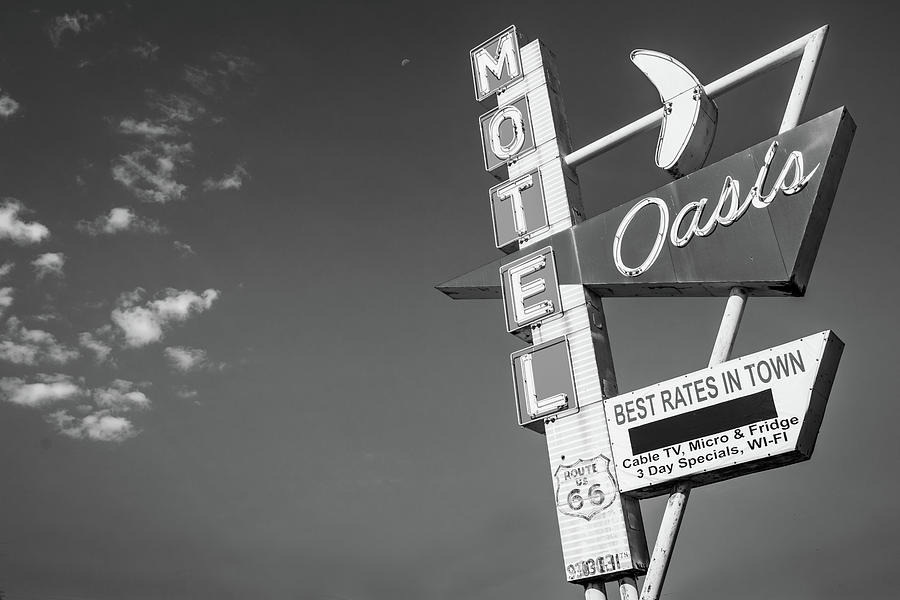 Tulsa Photograph - Tulsa Route 66 Oasis Motel Neon Sign - Black and White by Gregory Ballos