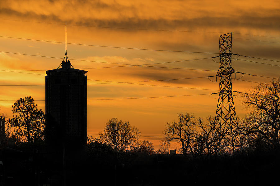 Tulsa Silhouettes and Golden Skies - University Tower Morning  Photograph by Gregory Ballos