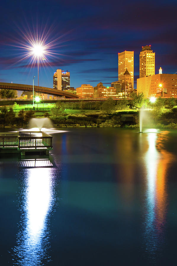 Tulsa Skyline Lights at Dawn Photograph by Gregory Ballos