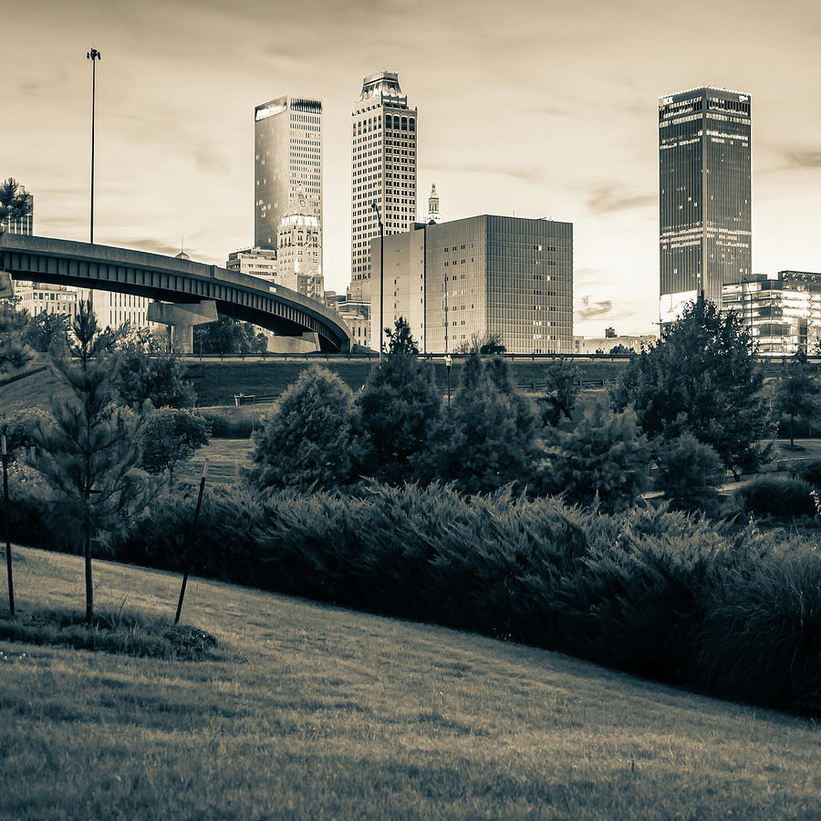 Tulsa Skyline Sepia City Landscape 1x1 Photograph by Gregory Ballos