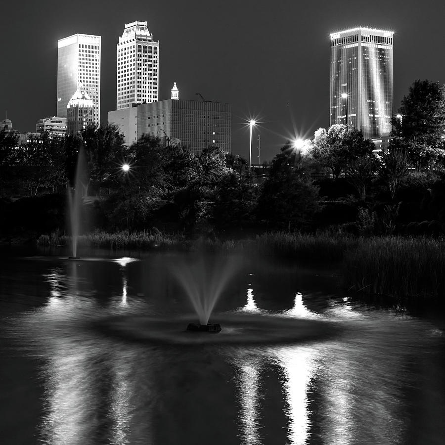 Tulsa Skyline Wrinkled Reflections - Black And White Square Format Photograph