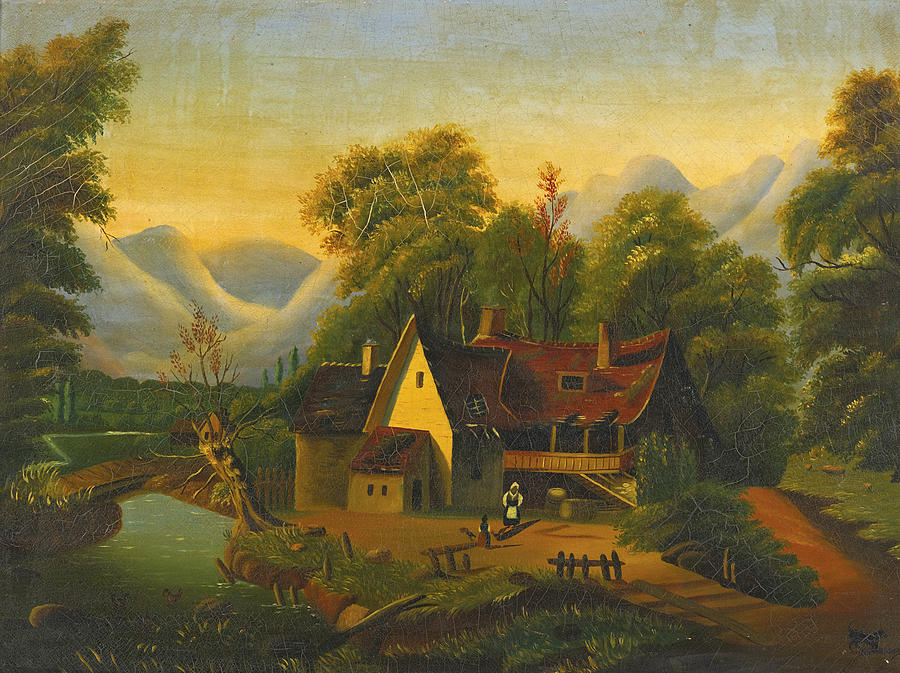 Tumble-Down Cottage by a Stream. A Black Woman in the Yard Painting by Attributed to Thomas Chambers